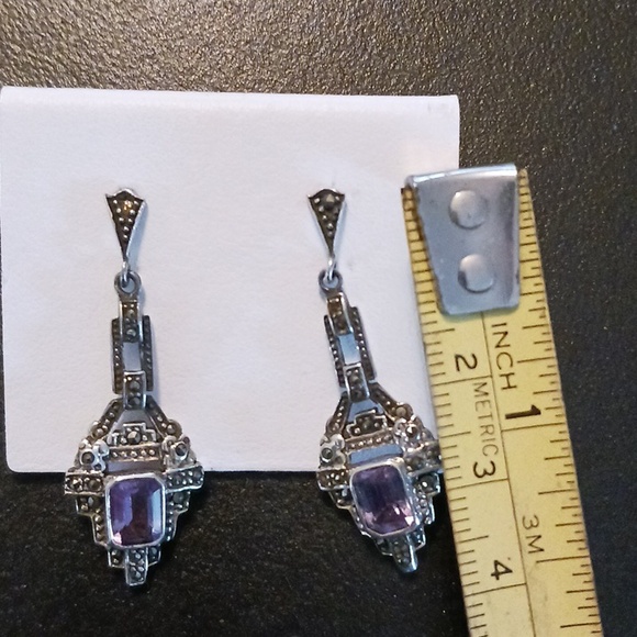 925 Sterling Silver Amethyst Marcasite Earrings Vintage AMAZING - Picture 2 of 5